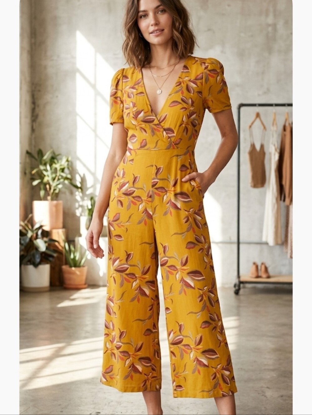 Greylin Mustard Floral Wrap Jumpsuit with Tie Waist and Short Sleeves